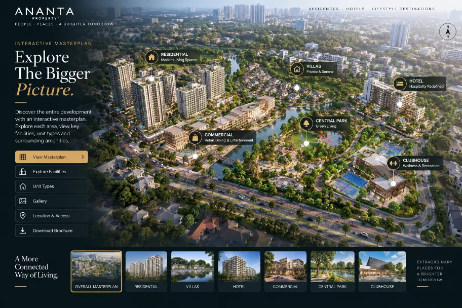 Interactive masterplan with filters on the left and unit detail on the right