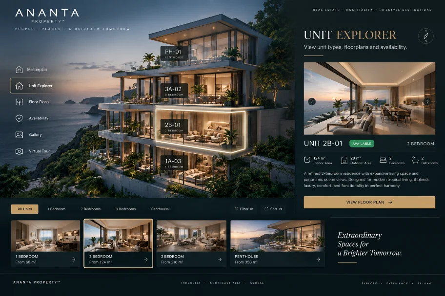 Unit explorer: villa exterior with selectable units, a unit detail card and floorplan button
