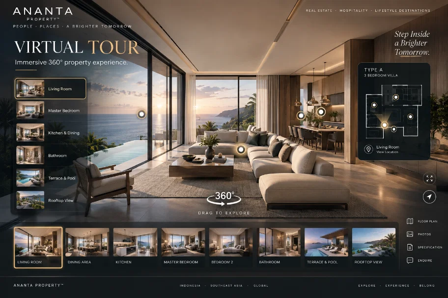 360° virtual tour interface showing a living room
