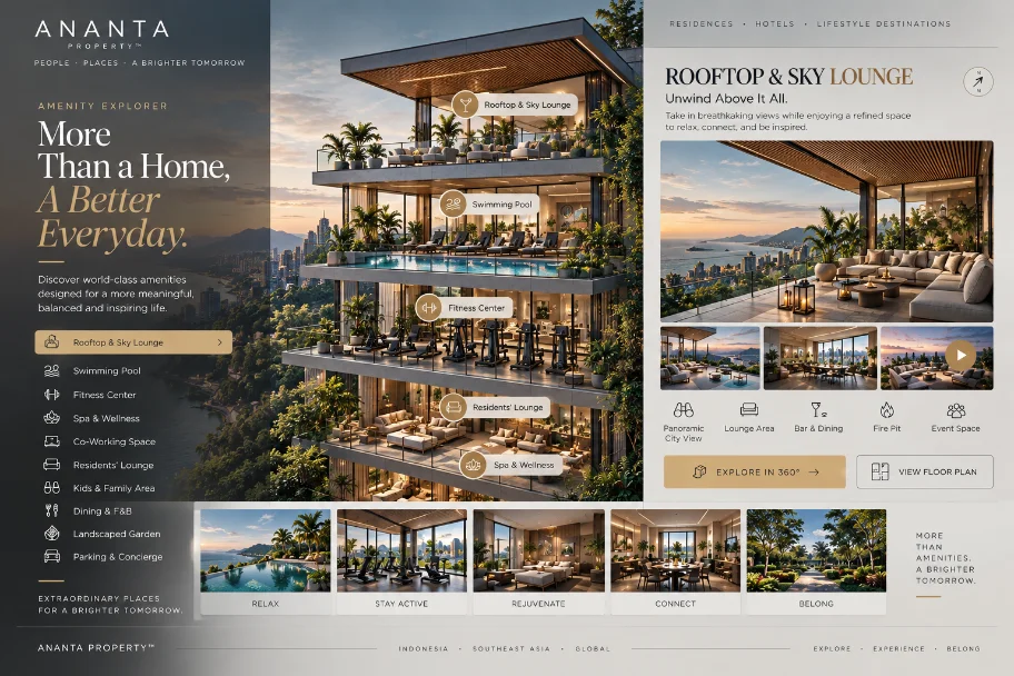 Amenity explorer: tower section with rooftop lounge, pool, fitness centre and spa
