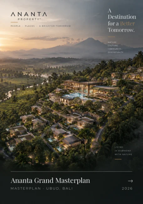 Ananta Grand Masterplan — aerial of hillside villas near Ubud at dusk