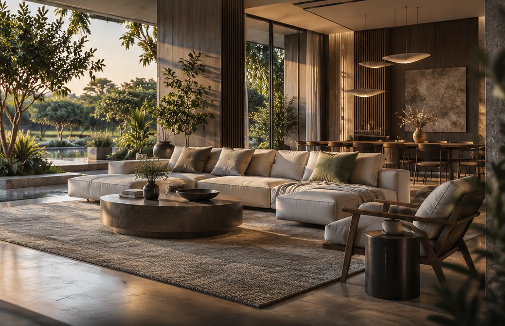 Living room opening onto the garden at golden hour